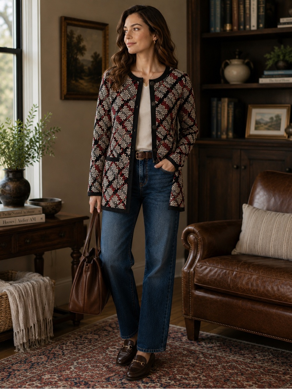 Pendleton Merino Wool Tan Black Print Long Sweater Cardigan Medium Petite